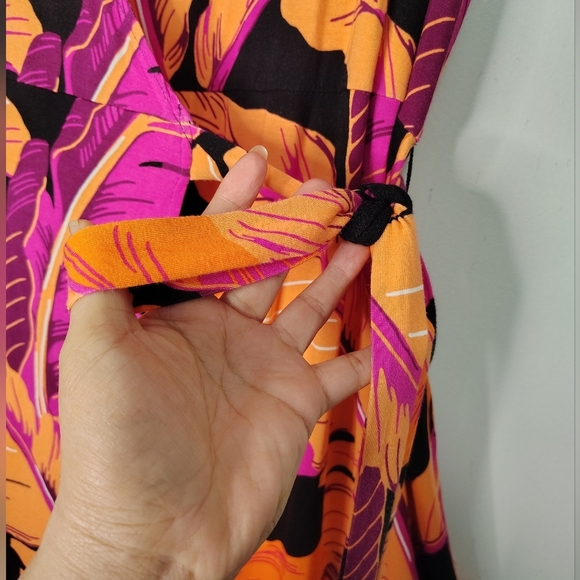 Old Navy Wrap Sundress Knee length Tropical Beach Orange Pink Vibrant sz L. - Picture 7 of 17